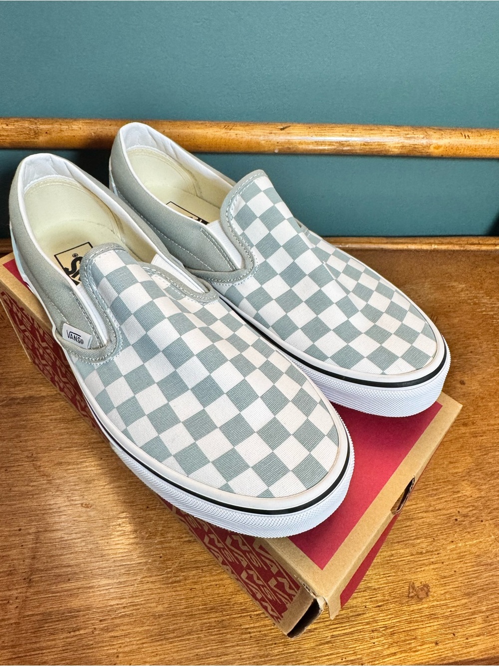 Vans Slip-On Checkerboard Sneakers in Greyish/Teal & White